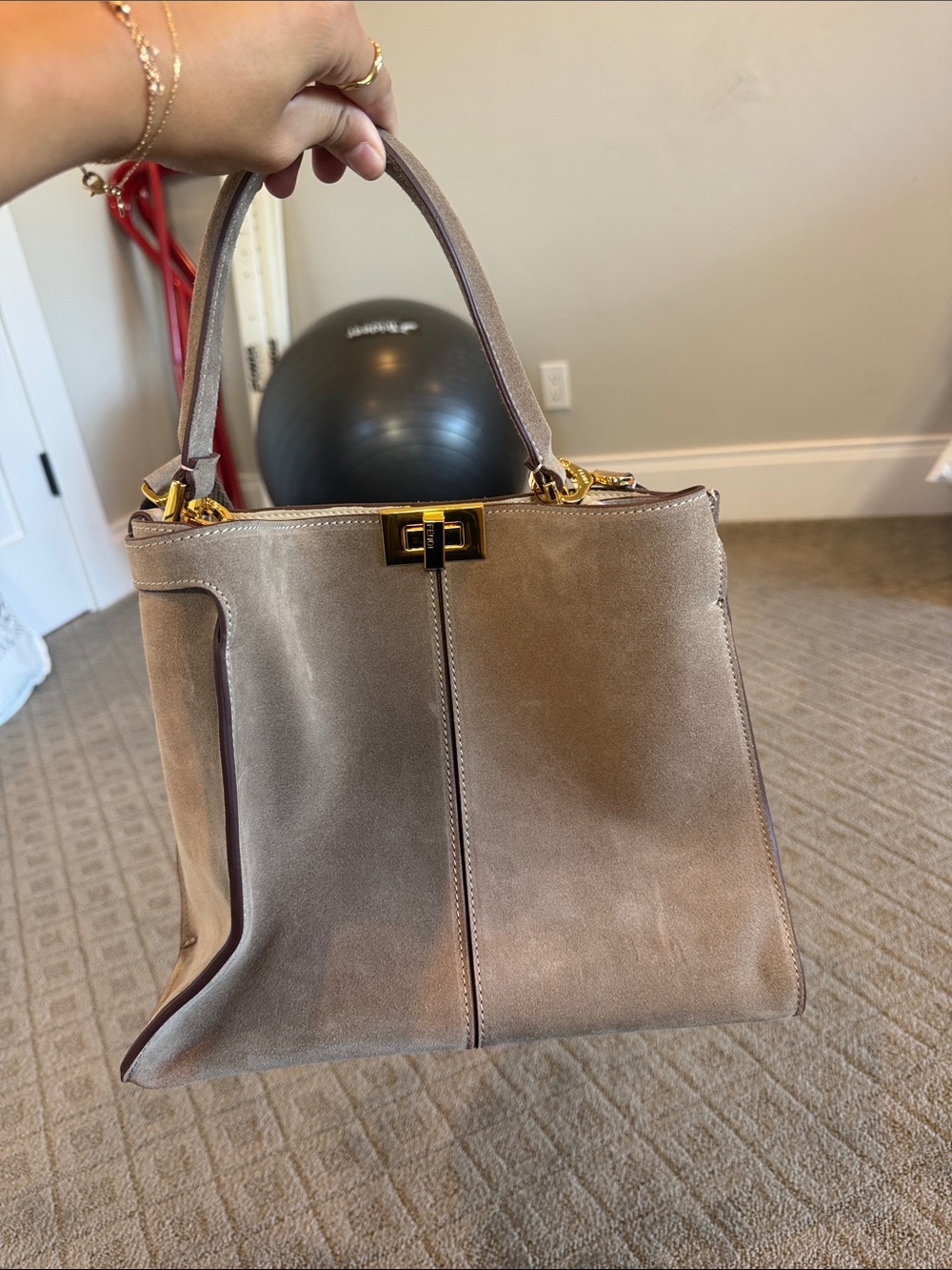 Fendi Taupe Leather Shoulder Bag with Logo Webbing Strap - Picture 3 of 3